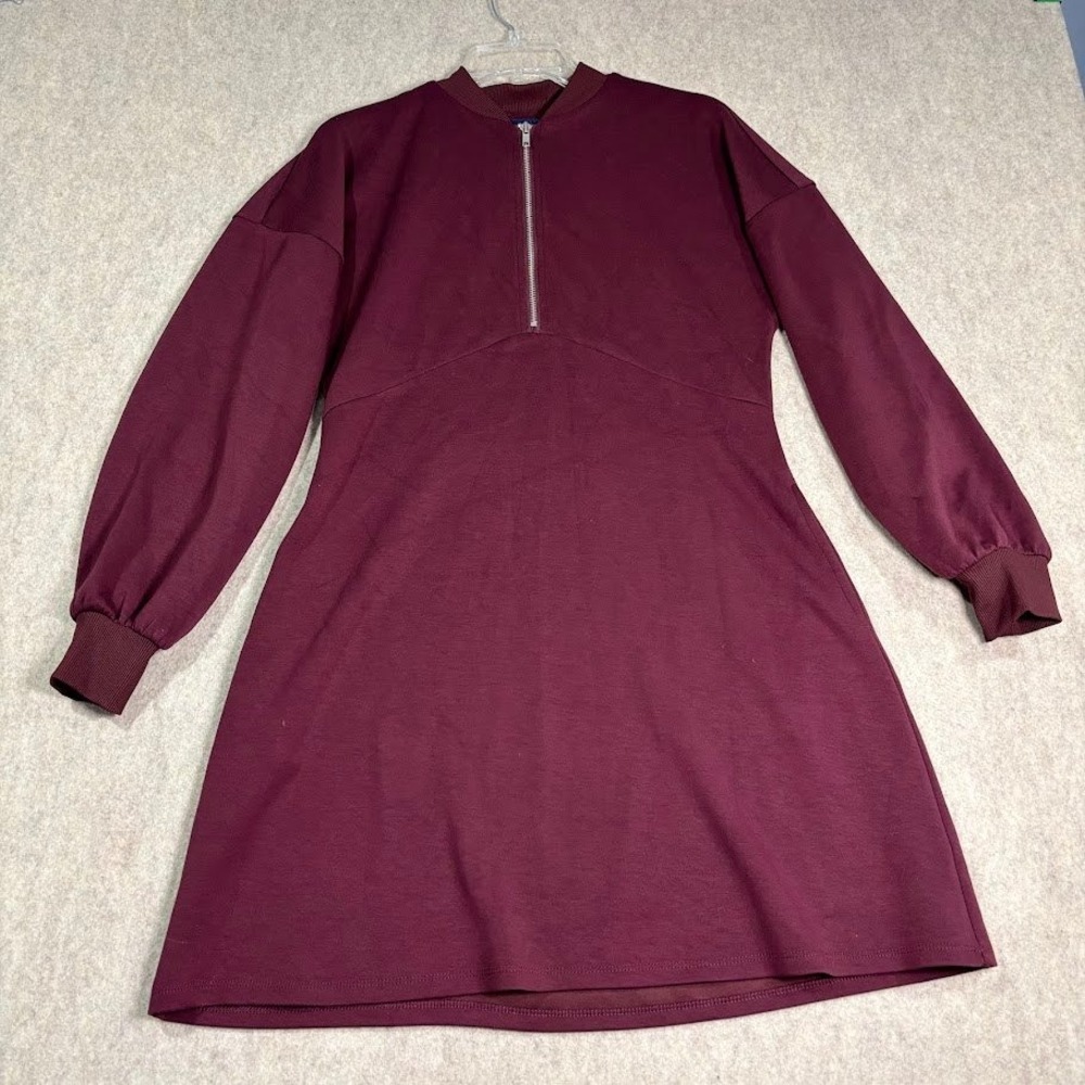 Scoop Quarter Zip Dress Womens Medium 8-10 Burgundy Rayon Blend Mini Preppy Chic